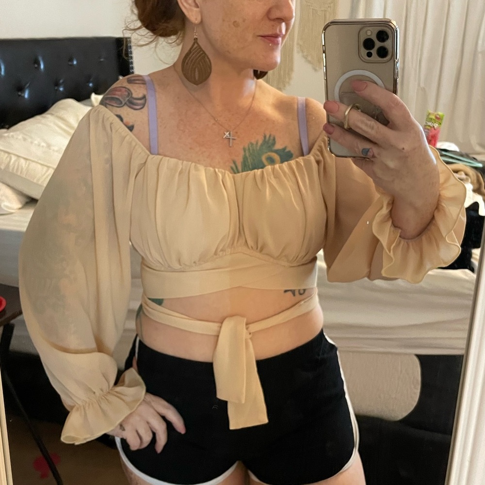 Tan Nude Crop Top Cold Shoulder Wrap Ties Puffy Sleeves
